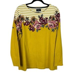 Joules Floral Striped Cotton Long Sleeve Round Neck Tee Size 16 Mustard Yellow
